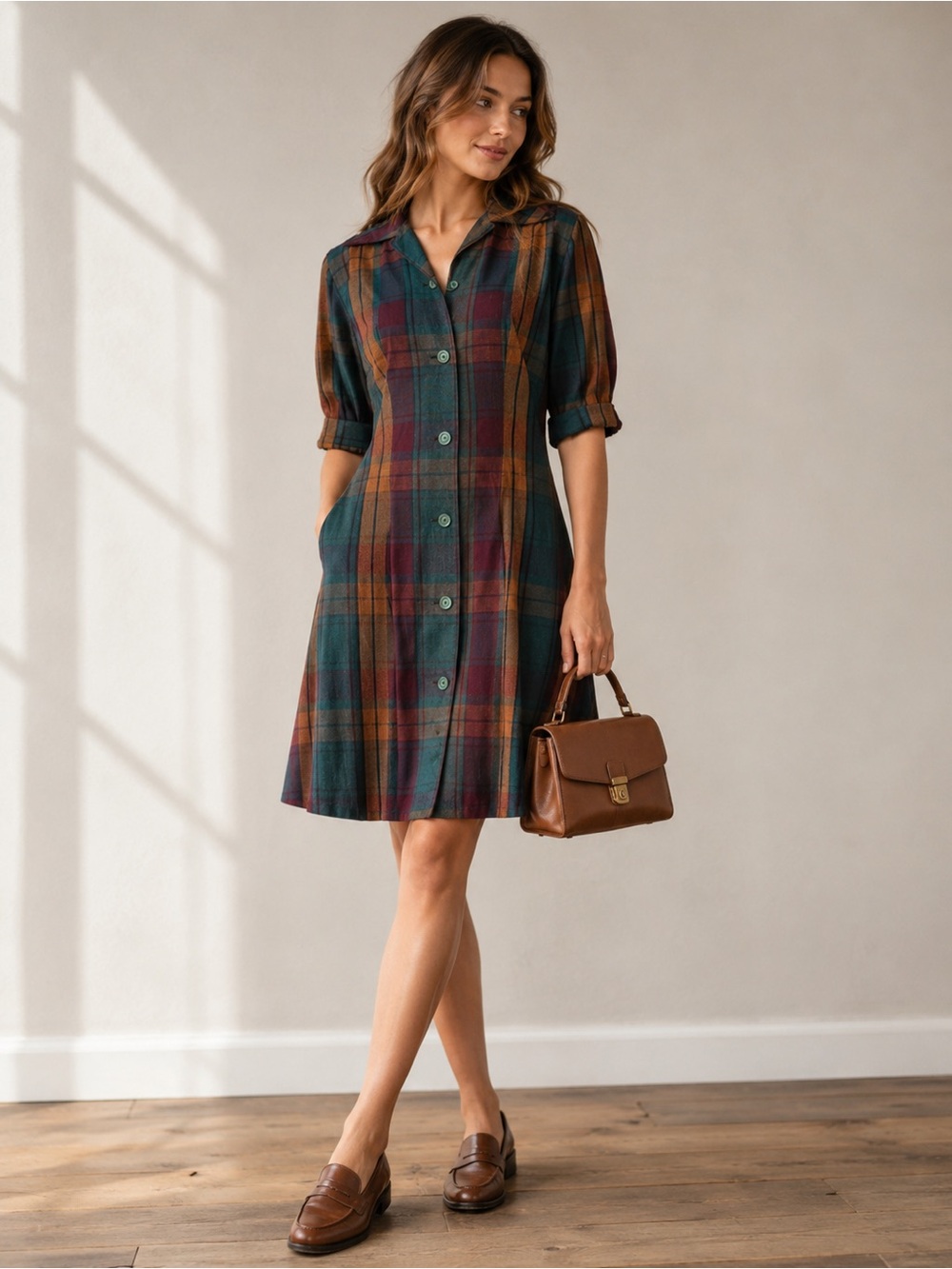 Vintage Jonathan Logan Plaid Shirt Dress M Button Front Dark Academia